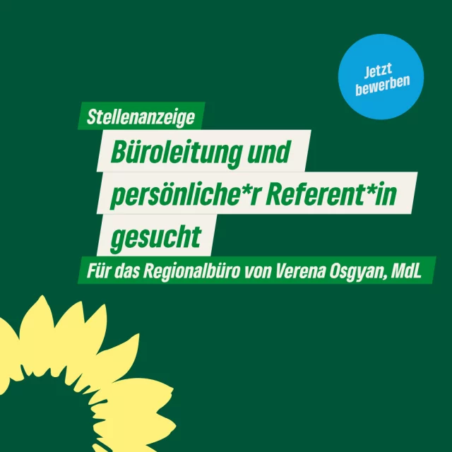 Für mein Regionalbüro in Nürnberg suche ich zum nächstmöglichen Zeitpunkt
eine*n Büroleiter*in und persönliche*n Referent*in (m/w/d)
Stellenumfang: 30 bis 40 Wochenstunden, unbefristet

Deine Aufgaben:
•	Recherche, Konzeption, Formulierung und Vorbereitung von parlamentarischen Initiativen (Anfragen, Anträge), Briefings, Positionspapieren und anderen Texten (Protokollen, Reden, Grußworten, Gastbeiträgen und Artikeln)
•	Unterstützung der Öffentlichkeitsarbeit durch Konzeption, Ausarbeitung und Versand von Pressemitteilungen, Pflege der entsprechenden Verteiler sowie der Homepage (WordPress) und der Social Media Kanäle der Abgeordneten
•	Terminbegleitungen sowie Vor- und Nachbereitung von Gremien- und Ausschusssitzungen
•	Beratung der Abgeordneten in regional- und tagespolitischen Fragen
•	Organisatorische und inhaltliche Vor- und Nachbereitung von internen sowie öffentlichen Veranstaltungen der Abgeordneten
•	Bearbeitung von Korrespondenz und Bürger*innenanfragen
•	Fallweise Begleitung von Besuchergruppen in den Bayerischen Landtag
•	Terminkoordination und Officemanagement
•	Stakeholder-Management, Informationsaustausch und Kontaktpflege mit Medien, Verbänden, Initiativen, Behörden sowie mit den Gremien der Partei und anderen bündnisgrünen Fraktionen

Wenn Du mehr wissen möchtest, schau gleich auf meine Website. Und bewirb Dich einfach per Mail. Wir freuen uns auf Dich!