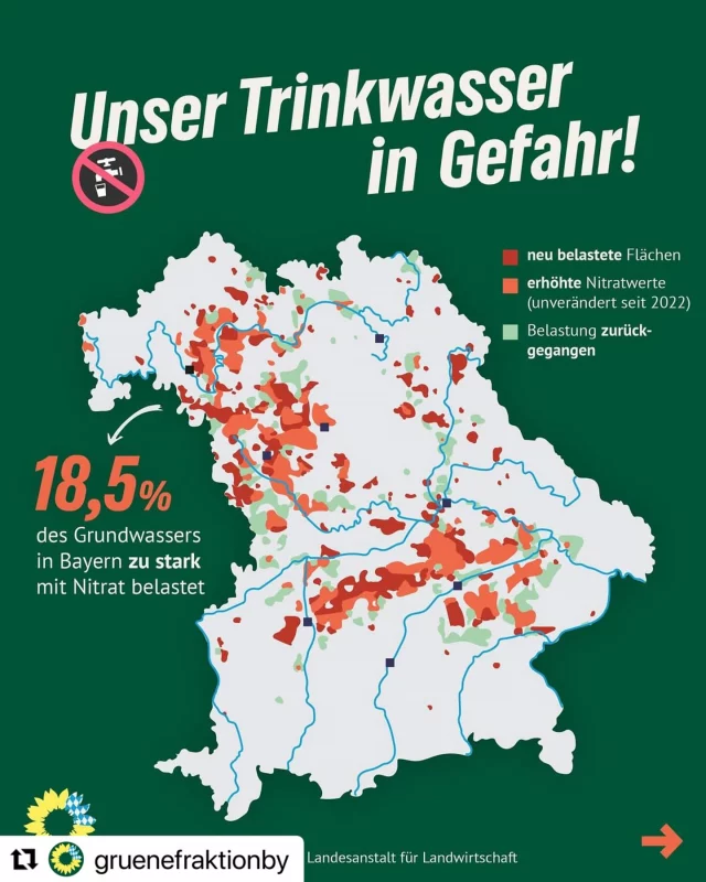 #Repost @gruenefraktionby with @use.repost
・・・
💧 Unser Grundwasser hat die Nase voll von Düngemitteln – und wir auch! 😤

Die Nitratbelastung steigt rasant:

📍 Unterfranken: doppelt so viele Grenzwertüberschreitungen wie 2018–2020
📍 Oberbayern: viermal so viele 
📍 Oberpfalz: sechsmal so viele😨

Wir Grüne sagen: Schluss mit dem Düngechaos der Staatsregierung! 

Unsere Forderungen:

➡️ Klare Reduktionsziele für Nitrat
➡️ Ein einfaches Maßnahmenpaket für sauberes Wasser
➡️ Faire Unterstützung für umweltgerechte Landwirtschaft
➡️ Enge Zusammenarbeit mit dem Bund für eine wirksame Umsetzung

🌱 Sauberes Wasser ist kein Luxus – es ist unsere Lebensgrundlage. 💚

👉 Wie stellt ihr euch echten Wasserschutz in Bayern vor?

#SauberesWasser #GrüneFraktionBayern #PatrickFriedl #Bayern #Umwelt